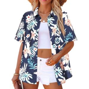 image:imageZeagoo Womens Hawaiian Button Down Shirts Short Sleeve Casual Floral Tropical Shirt Summer Beach Shirt Cool Button Up TopsDark Blue