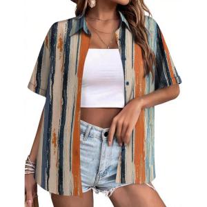 image:imageZeagoo Womens Hawaiian Button Down Shirts Short Sleeve Casual Floral Tropical Shirt Summer Beach Shirt Cool Button Up TopsStripes Multicolor