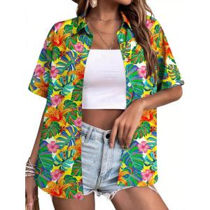 image:imageZeagoo Womens Hawaiian Button Down Shirts Short Sleeve Casual Floral Tropical Shirt Summer Beach Shirt Cool Button Up TopsTropical Plants