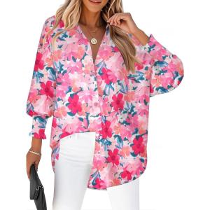 image:imageZeagoo Womens Loose Fit Striped Lantern Long Sleeve Button Down ShirtBfloral Pink