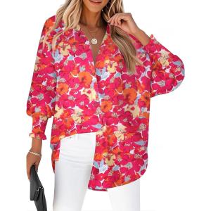 image:imageZeagoo Womens Loose Fit Striped Lantern Long Sleeve Button Down ShirtBfloral Red