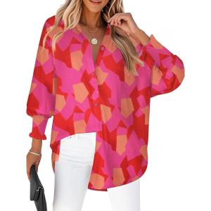 image:imageZeagoo Womens Loose Fit Striped Lantern Long Sleeve Button Down ShirtBpink Red