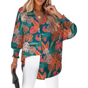 image:imageZeagoo Womens Loose Fit Striped Lantern Long Sleeve Button Down ShirtBtropical Leaf