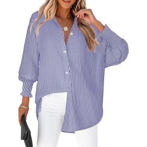 image:imageZeagoo Womens Loose Fit Striped Lantern Long Sleeve Button Down ShirtCdark Blue Stripe