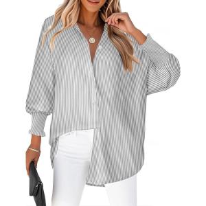image:imageZeagoo Womens Loose Fit Striped Lantern Long Sleeve Button Down ShirtCgrey Stripe