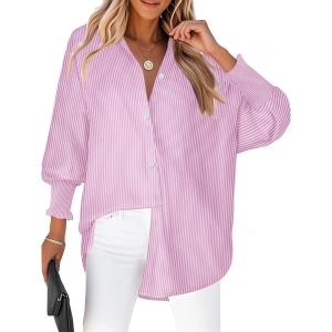 image:imageZeagoo Womens Loose Fit Striped Lantern Long Sleeve Button Down ShirtCpink Stripe