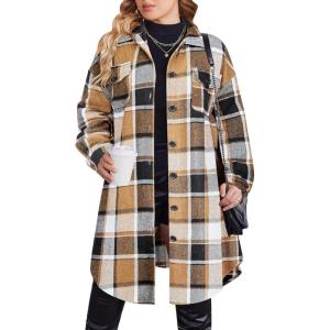 image:imageZeagoo Womens Plus Size Flannel Plaid Button Down Shirts Long Sleeve Lounge Lapel Tartan Shacket Jacket Long Coats 2024Brown