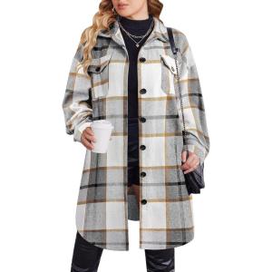 image:imageZeagoo Womens Plus Size Flannel Plaid Button Down Shirts Long Sleeve Lounge Lapel Tartan Shacket Jacket Long Coats 2024Grey