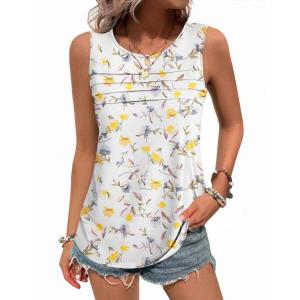 image:imageZeagoo Womens Summer Tank Tops Sleeveless Loose Fit Tunic Blouses Dressy Casual Pleated Front Scoop Neck Boho ShirtsFloral White