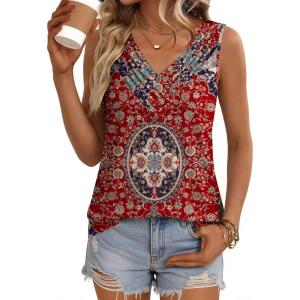 image:imageZeagoo Womens Tank Tops 2026 Summer Sleeveless Loose Fit Tops V Neck Pleated Trendy Fashion Business Casual ShirtsMz870 Floral
