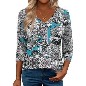 image:imageZeagoo 34 Length Sleeve Womens Tops Casual V Neck Shirts Soft Basic Tees Business Work BlousesBlue Paisley