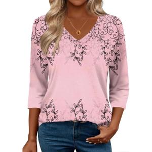 image:imageZeagoo 34 Length Sleeve Womens Tops Casual V Neck Shirts Soft Basic Tees Business Work BlousesPink Floral