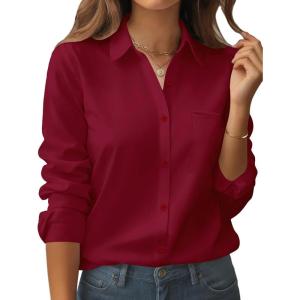 image:imageZeagoo Womens Button Down Shirt Long Sleeve Blouse Business Work Tops Dressy Casual Floral Printed Outfits with PocketBwine Red