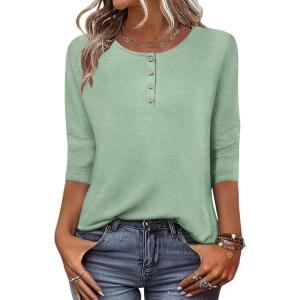 image:imageZeagoo 34 Length Sleeve Women Tops Crew Neck Blouses Dressy Casual Summer T Shirts Loose Fit Business Work ClothesBlight Green