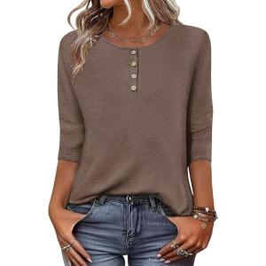 image:imageZeagoo 34 Length Sleeve Women Tops Crew Neck Blouses Dressy Casual Summer T Shirts Loose Fit Business Work ClothesBrown