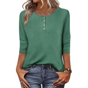 image:imageZeagoo 34 Length Sleeve Women Tops Crew Neck Blouses Dressy Casual Summer T Shirts Loose Fit Business Work ClothesGreen