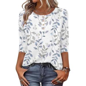 image:imageZeagoo 34 Length Sleeve Women Tops Crew Neck Blouses Dressy Casual Summer T Shirts Loose Fit Business Work ClothesSp106leaves