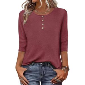 image:imageZeagoo 34 Length Sleeve Women Tops Crew Neck Blouses Dressy Casual Summer T Shirts Loose Fit Business Work ClothesWine Red