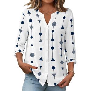 image:imageZeagoo Button Down Shirts for Women 34 Sleeve Linen Cotton V Neck Tops Dressy Casual Loose Work BlousesGeometric Whitejh599