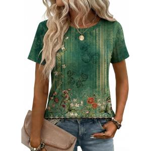 image:imageZeagoo Womens Tshirt Short Sleeve Summer Tops Crewneck Casual Basic Tee Shirts Spring Clothes Trendy OutfitZ Boho Floral Green 839