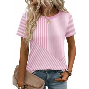 image:imageZeagoo Womens Tshirt Short Sleeve Summer Tops Crewneck Casual Basic Tee Shirts Spring Clothes Trendy OutfitZ Striped Pink 300