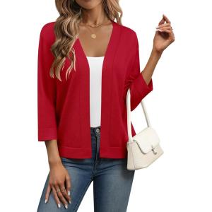 image:imageZeagoo Womens 34 Sleeve Open Front Cropped Knit Cardigan Sweater Casual Bolero Shrugs for Dresses Summer OutfitsRed