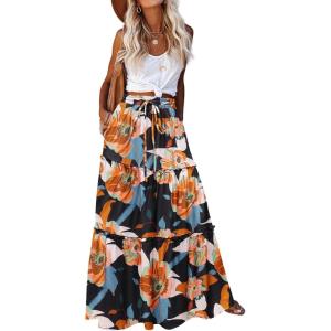 image:imageZeagoo Womens Casual Maxi Skirts for Women 2026 High Waist Boho Skirts Floral Printed Long Flowy Skirt with PocketsBlackfloralprinted