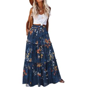image:imageZeagoo Womens Casual Maxi Skirts for Women 2026 High Waist Boho Skirts Floral Printed Long Flowy Skirt with PocketsBlue Floral Printed