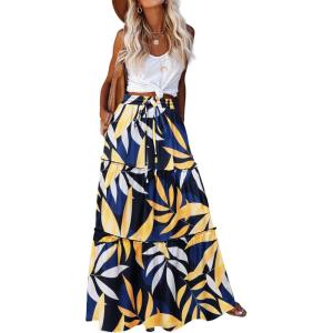 image:imageZeagoo Womens Casual Maxi Skirts for Women 2026 High Waist Boho Skirts Floral Printed Long Flowy Skirt with PocketsLeafprinted