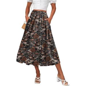 image:imageZeagoo Womens Midi Skirts High Waisted Pleated ALine Swing Skirts Summer Floral Long Skirts with Pockets04black Floral