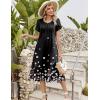 image:imageZeagoo Womens Casual Summer Dress 2026 Petal Short Sleeve Dresses with Pleats Midi A Line Flowy Dress Boho SundressBlack Floral