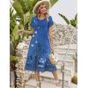 image:imageZeagoo Womens Casual Summer Dress 2026 Petal Short Sleeve Dresses with Pleats Midi A Line Flowy Dress Boho SundressBoho Blue Floral