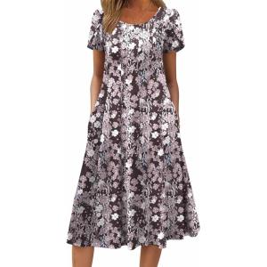 image:imageZEAGOO Womens Casual Dresses for Summer Short Sleeve Flare Midi Dress Loose Flowy Beach Sundress2602 Brown Flower