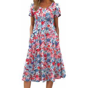 image:imageZEAGOO Womens Casual Dresses for Summer Short Sleeve Flare Midi Dress Loose Flowy Beach Sundress2602 Mixed Red Floral