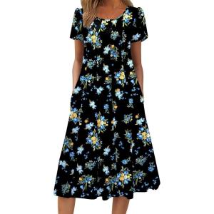 image:imageZEAGOO Womens Casual Dresses for Summer Short Sleeve Flare Midi Dress Loose Flowy Beach Sundress2602 Navy Flower