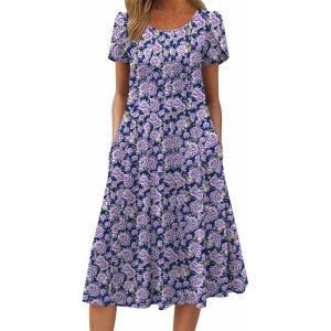 image:imageZEAGOO Womens Casual Dresses for Summer Short Sleeve Flare Midi Dress Loose Flowy Beach Sundress2602 Purple Flower