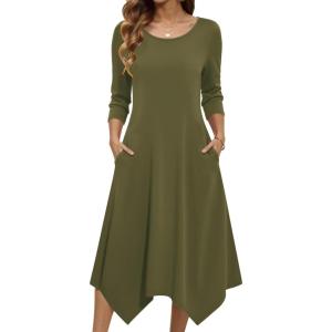 image:imageZeagoo Midi Dresses Women 2026 Spring Dress 34 Sleeve Casual Dresses with Pockets A Line Summer Beach SundressArmy Green