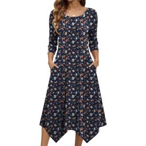 image:imageZeagoo Midi Dresses Women 2026 Spring Dress 34 Sleeve Casual Dresses with Pockets A Line Summer Beach SundressBlue Floral