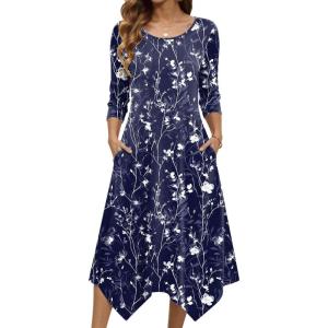 image:imageZeagoo Midi Dresses Women 2026 Spring Dress 34 Sleeve Casual Dresses with Pockets A Line Summer Beach SundressBlue Flower