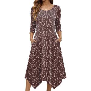 image:imageZeagoo Midi Dresses Women 2026 Spring Dress 34 Sleeve Casual Dresses with Pockets A Line Summer Beach SundressCoffee