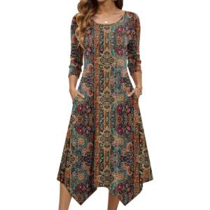 image:imageZeagoo Midi Dresses Women 2026 Spring Dress 34 Sleeve Casual Dresses with Pockets A Line Summer Beach SundressEthnic Brown