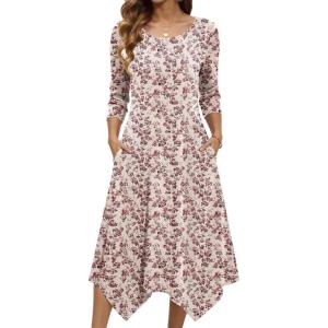 image:imageZeagoo Midi Dresses Women 2026 Spring Dress 34 Sleeve Casual Dresses with Pockets A Line Summer Beach SundressFloral Apricot