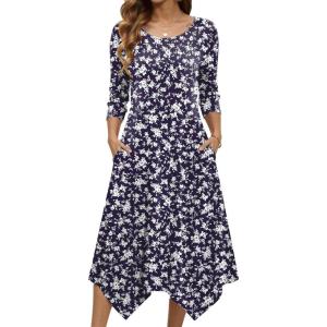 image:imageZeagoo Midi Dresses Women 2026 Spring Dress 34 Sleeve Casual Dresses with Pockets A Line Summer Beach SundressFlower Branch