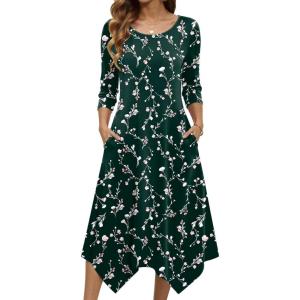 image:imageZeagoo Midi Dresses Women 2026 Spring Dress 34 Sleeve Casual Dresses with Pockets A Line Summer Beach SundressGreen Printing