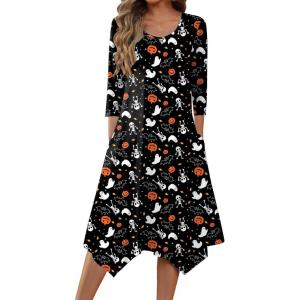 image:imageZeagoo Midi Dresses Women 2026 Spring Dress 34 Sleeve Casual Dresses with Pockets A Line Summer Beach SundressHalloween Black