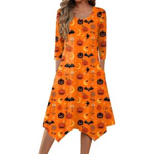 image:imageZeagoo Midi Dresses Women 2026 Spring Dress 34 Sleeve Casual Dresses with Pockets A Line Summer Beach SundressHalloween Pumpkin