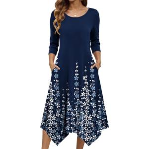 image:imageZeagoo Midi Dresses Women 2026 Spring Dress 34 Sleeve Casual Dresses with Pockets A Line Summer Beach SundressNavy Blue Floral