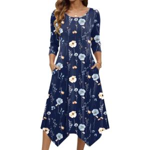 image:imageZeagoo Midi Dresses Women 2026 Spring Dress 34 Sleeve Casual Dresses with Pockets A Line Summer Beach SundressNavy Flower
