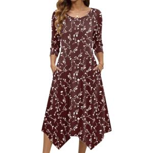 image:imageZeagoo Midi Dresses Women 2026 Spring Dress 34 Sleeve Casual Dresses with Pockets A Line Summer Beach SundressRed Printing