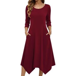 image:imageZeagoo Midi Dresses Women 2026 Spring Dress 34 Sleeve Casual Dresses with Pockets A Line Summer Beach SundressWine Red